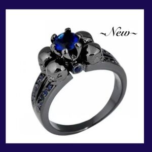 Skull Blue Inlay Black Tone Fashion Jewelry Ring  Size 6 New in package